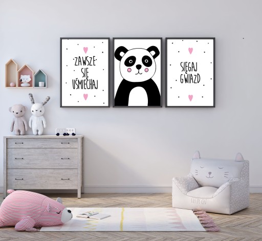 Panda Napisy Zestaw 3 szt Plakaty Dziecięce A3