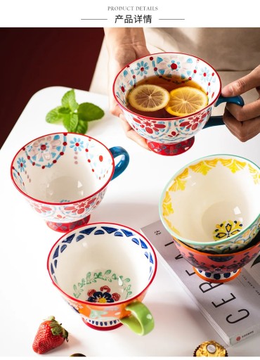 Ceramic Coffee Cup Bohemian Flower Hand Painted INS Breakfast Cup High