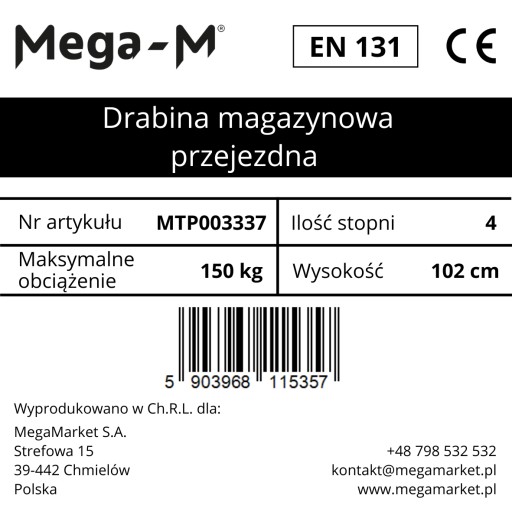 Лестница для хранения PODEST мобильная с платформой, 4 ступеньки, 102 см Мега-М