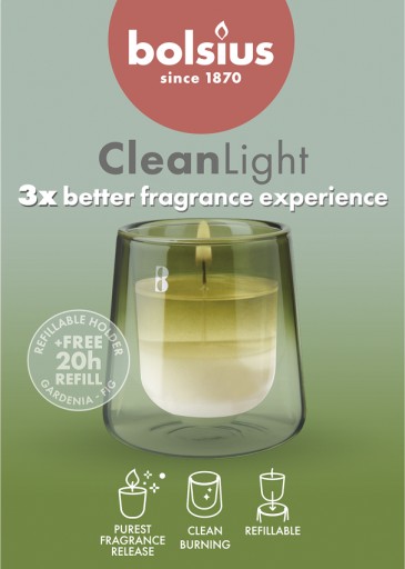 Świecznik i Świeca wkładka zapachowa Bolsius CleanLight - Gardenia & Figa