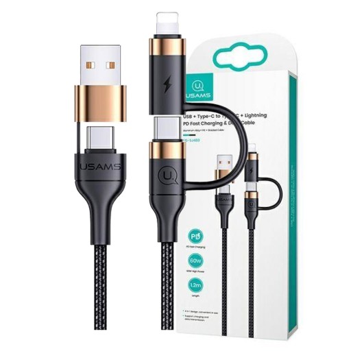 USAMS Плетеный кабель U62 2xUSB-C/USB-A /lightning 1,2 м PD Fast Charge черный