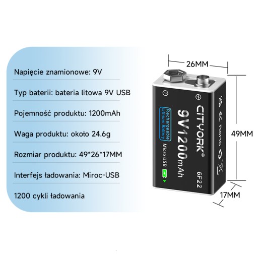 2 szt. 9V 6F22 Micro USB akumulator litowo-jonowy z kablem USB