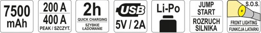 YATO Powerbank POWER BANK 7500 мАч USB-запуск автомобиля