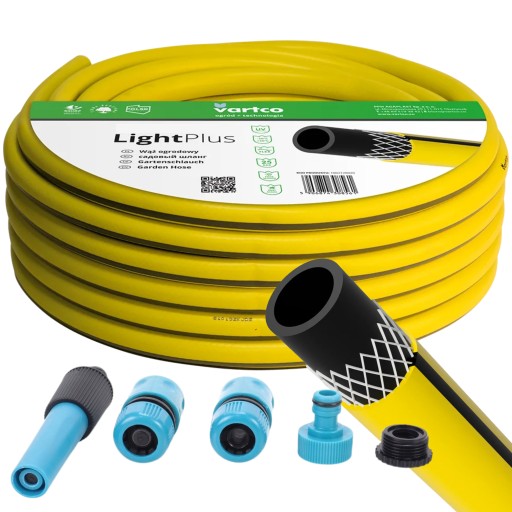 САДОВЫЙ ШЛАНГ VARTCO 3/4 ДЮЙМА 50MB LIGHT PLUS + НАБОР ФИТИНГОВ ПОЛИРОВКА