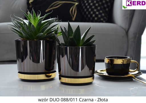 26 Doniczka DUO CZARNA podstawka ZŁOTA glamour dwukolorowa połysk nowoczesn