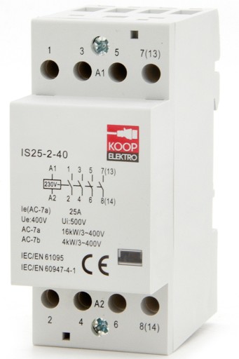 STYCZNIK MODUŁOWY 25-40 230V 25A 2P 4Z 3-FAZOWY ZWIERNY NA SZYNĘ DIN TH35