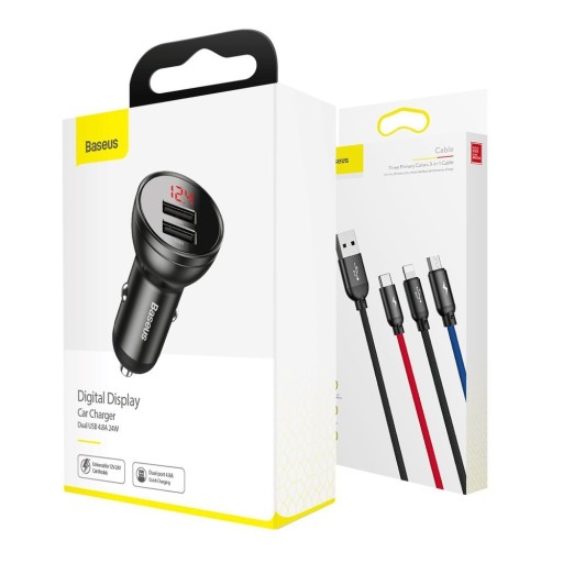 BASEUS Автомобильное зарядное устройство, мощный блок питания 24 Вт, 2 порта USB 4,8 А + кабель 3-в-1