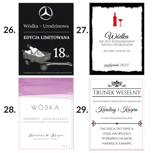 Etykiety na wódkę Weselną SWÓJ NAPIS śmieszne x10