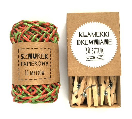 Sznurek papierowy 10 m klamerki drewniane 30 szt