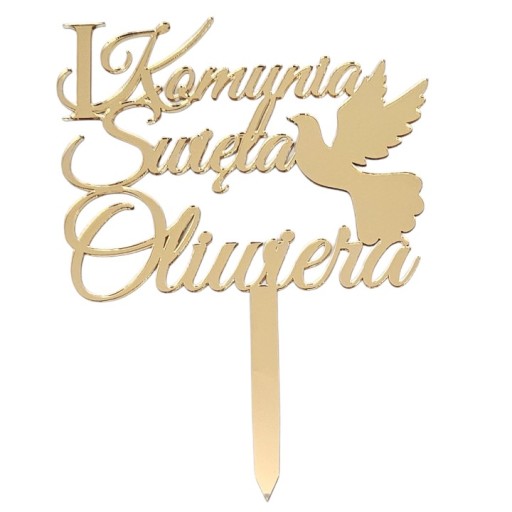 Topper na komunię z imieniem na tort I Komunia Święta IMIĘ złoty lustrzany