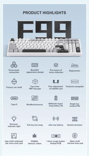 Игровая клавиатура AULA F99 с прокладкой, 99 клавиш, настраиваемая с возможностью горячей замены, синего цвета