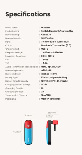 Ugreen BT Audio-передатчик для Nintendo Switch с поддержкой APTX