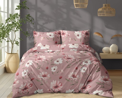 Komplet pościeli 160x200 bawełna JAKOŚĆ kwiaty na różowym tle