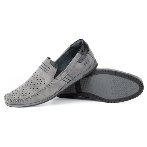 Buty męskie skórzane mokasyny wsuwane na lato ażurowe 876L szare 48