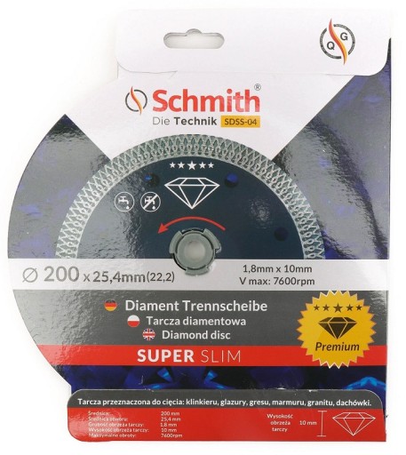 ДИСК SCHMITH DIAMOND 200 мм 25,4 ДЛЯ ПОБЕРЕТИЧЕСКОЙ ГЛАЗУРНОЙ ПЛИТКИ SUPER SLIM