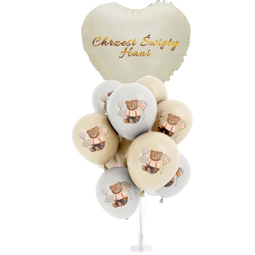 PERSONALIZOWANY KREMOWY ZESTAW NA ROCZEK MIŚ STOJAK IMIĘ DZIECKA BALONY