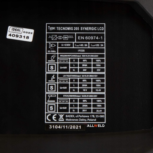 ИНВЕРТОРНЫЙ СВАРОЧНЫЙ АППАРАТ INVERTER IDEAL TECNO MIG 205 LCD V2 SYNERGY 200A 230V