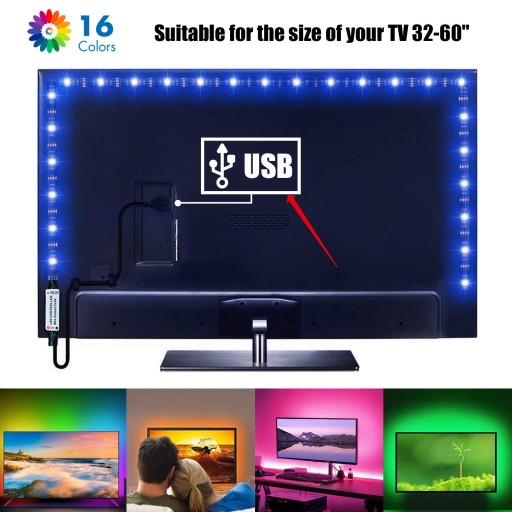 ПОДСВЕТКА ТЕЛЕВИЗОРА 16 СВЕТОДИОДОВ RGB 300см ПУЛЬТ ДУ USB