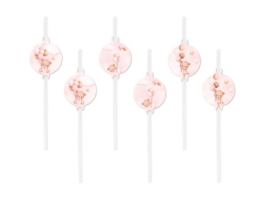 SŁOMKI PAPIEROWE RÓŻOWE MIŚ Z BALONAMI ROCZEK BABY SHOWER 6 SZT