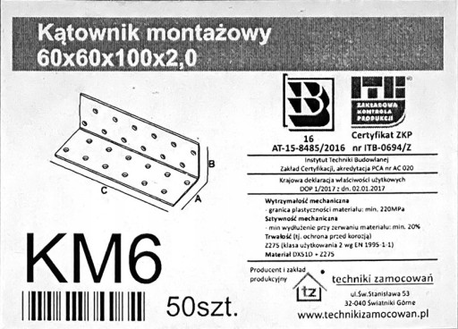 Уголок столярный KM6 60x60x100x2.0 50sz