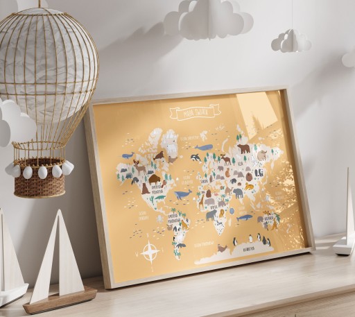 Plakat 40 x 50 cm Mapa Świata Zwierzęta Żółta Musztardowa Mapa dla dzieci