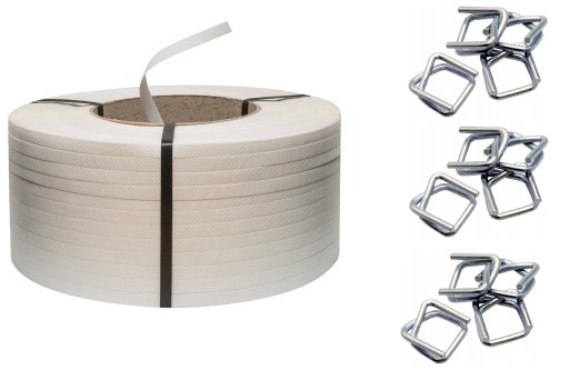 ZESTAW DO spinania PALET biała TAŚMA PP 16mm + ZAPINKI do bandowania