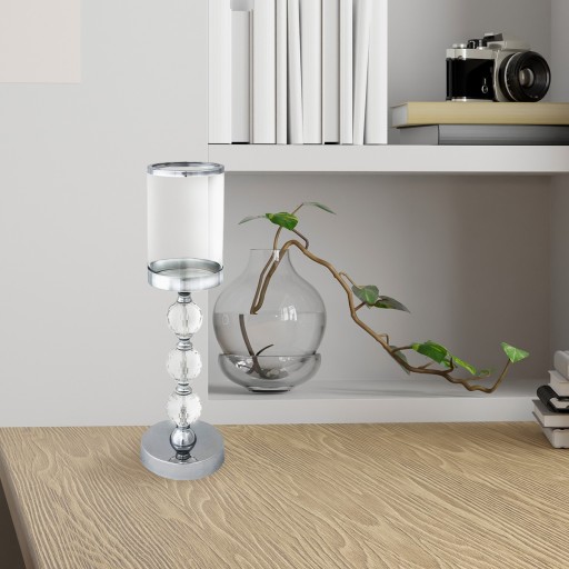 ŚWIECZNIK SZKLANY GLAMOUR KRYSZTAŁOWY LAMPION NA NÓŻCE 41cm 115565 SREBRNY