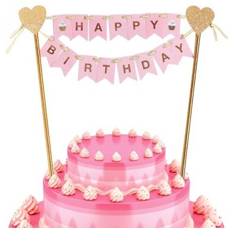 DEKORACJA TOPPER RÓŻOWY ZŁOTY NA TORT HAPPY BIRTHDAY KOTEK 19,5X15CM 1szt
