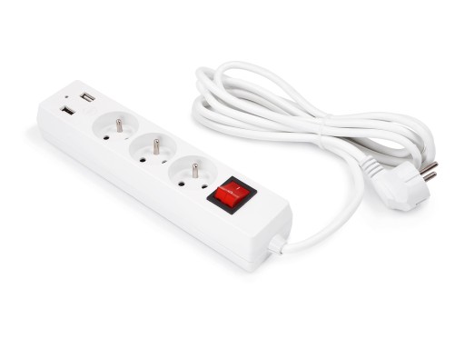 Przedłużacz listwowy listwa 3m 3x Gniazdo + 2x USB Biały