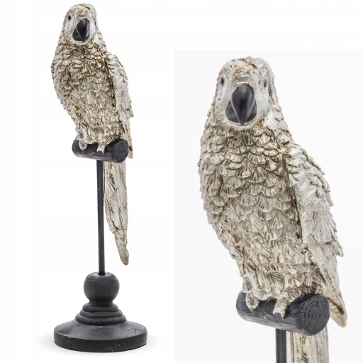 FIGURKA PAPUGA BEŻOWA SREBRNA CZARNA 27cm PTAK 123135
