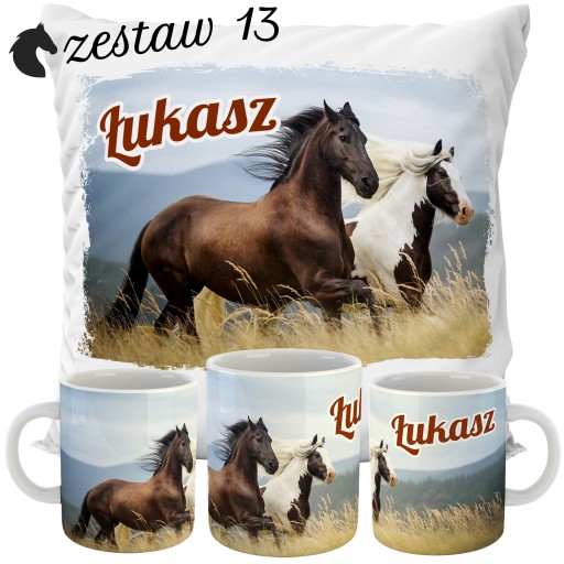 ZESTAW PODUSZKA + KUBEK KOŃ KONIE KUCYK + IMIĘ PREZENT DLA DZIECKA URODZINY