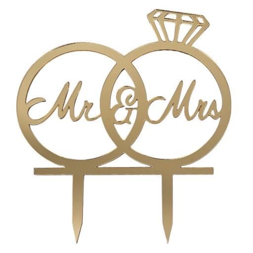 Топпер для свадебного торта Mr & Mrs обручальные кольца разные цвета