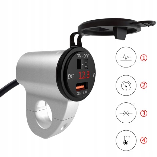 ЗАРЯДНОЕ УСТРОЙСТВО ДЛЯ МОТОЦИКЛА 3.4A USB QC3.0 ВОЛЬТМЕТР 12В