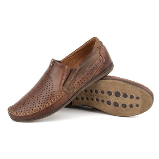 Buty męskie mokasyny skórzane wsuwane na lato ażurowe 0525 ciemny brąz 43