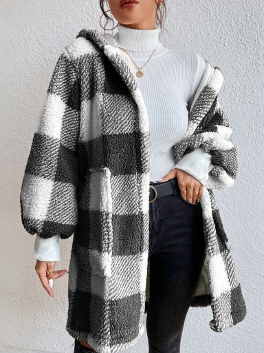 SHEIN ПЛЮШЕВОЕ ЧЕРНО-БЕЛОЕ ПАЛЬТО С КАПЮШОНОМ В КОЛОТКУ L 876