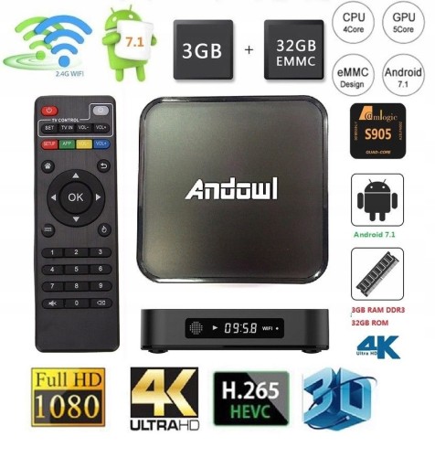 ТЕЛЕВИЗИОННАЯ ПРИСТАВКА ANDOWL 4K SMART BOX Wi-Fi ПЛЕЕР 3 ГБ ОЗУ ANDROID 7.1