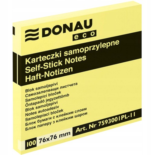 BLOCZEK SAMOPRZYLEPNY DONAU ECO, 76X76MM, 10x100 KART., JASNOŻÓŁTY