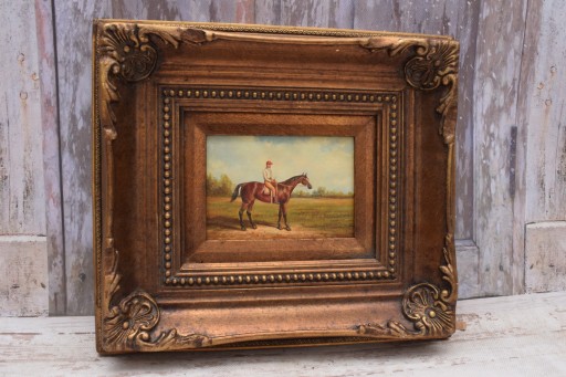 Жокей на лошади - Жанровая сцена лошади - Картина маслом - Красивая рамка 39x34