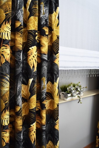 ZASŁONA METRAŻ VELVET PLUSZ MONSTERA ZŁOTO 150cm