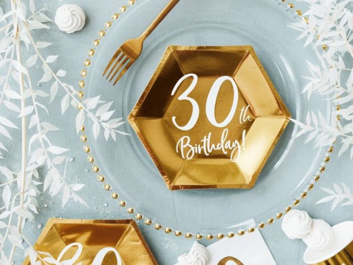 Бумажные тарелки 30th BIRTHDAY, золотые, 20 см, 6 шт.