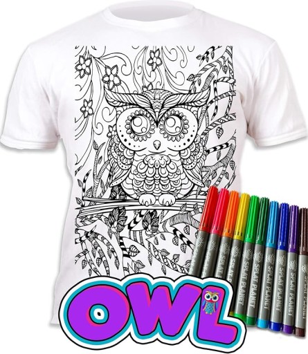 Koszulka do Malowania SOWA MANDALA T-shirt + 10 zmywalne markery 5-6 lat