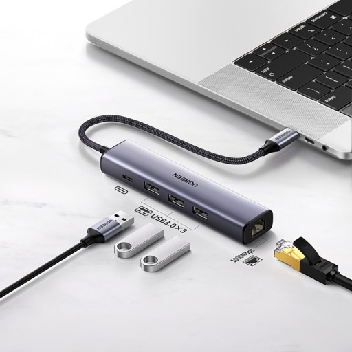 АДАПТЕР-ХАБ UGREEN 5 В 1 USB-C 3XUSB-A 3.0 RJ45 ETHERNET 1000 МБ/С ГИГАБИТ