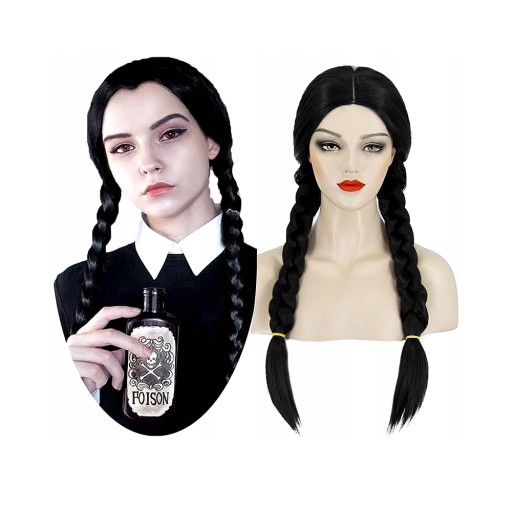 PERUKA DŁUGIE CZARNE PROSTE WŁOSY WARKOCZE PARTY COSPLAY WEDNESDAY ADDAMS