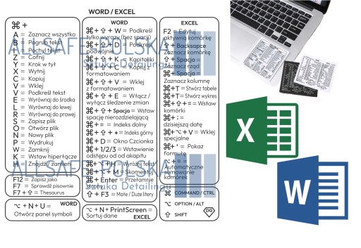 Bezbarwna mocna naklejka ze skrótami klawiszowymi WORD EXCEL POMOCNA !