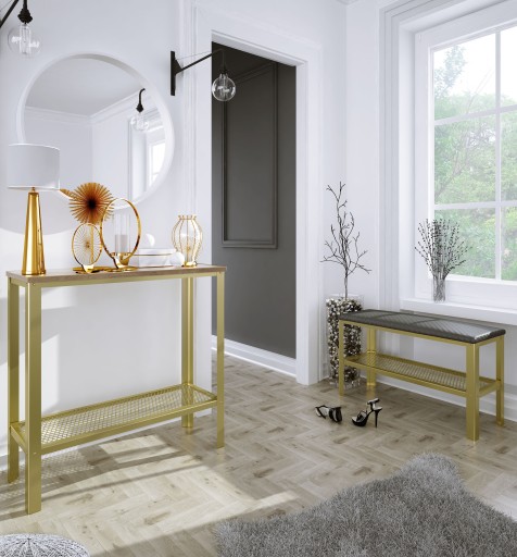 Konsola Skręcana Z Półką Z Siatki Loft Przedpokój Złoty+Dąb Lancelot