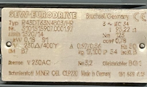 МОТОР-РЕДУКТОР SEW EURODRIVE R43DT63N4B03/HR