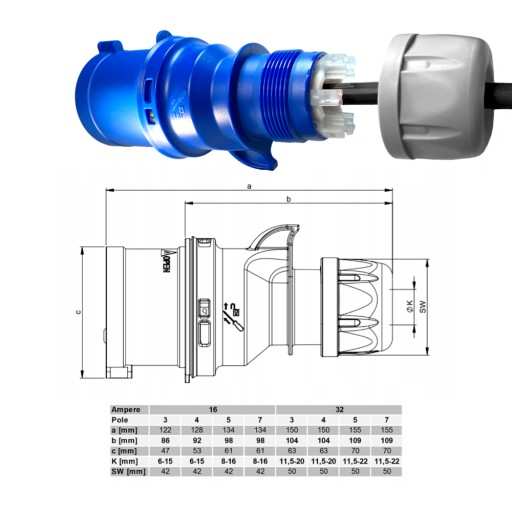 Przedłużacz gumowy CEE H05RR-F 30m 3x2,5 odwrócony