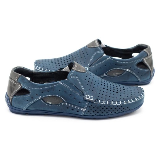 Buty męskie mokasyny skórzane na lato ażurowe POLSKIE 901 granatowe 48