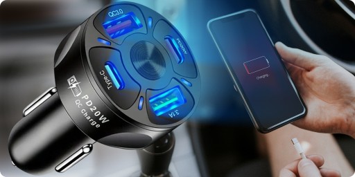 SAMOCHODOWY UCHWYT Z MAGNESEM + SZYBKA ŁADOWARKA DO ZAPALNICZKI 4X USB-C
