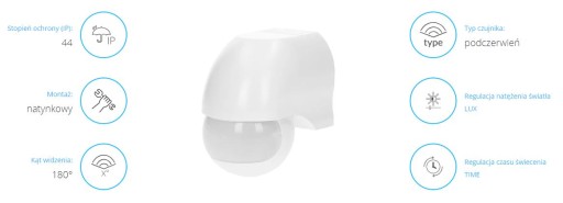 CZUJNIK RUCHU ORNO 180 STOPNI REGULACJA PION POZIOM IP44 1200W BIAŁY